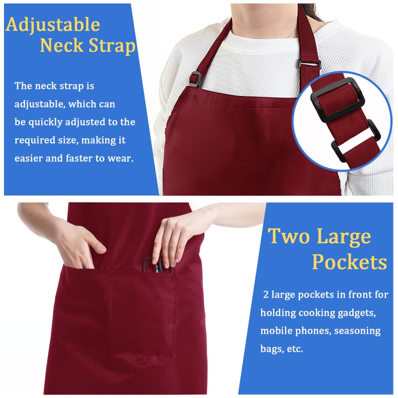 FunChaos 4 Pack Chef Apron, Adjustable Apron with 2 Pockets, Unisex Personalised Apron for Cooking, Kitchen, Restaurant (Deep Red) - Image 3